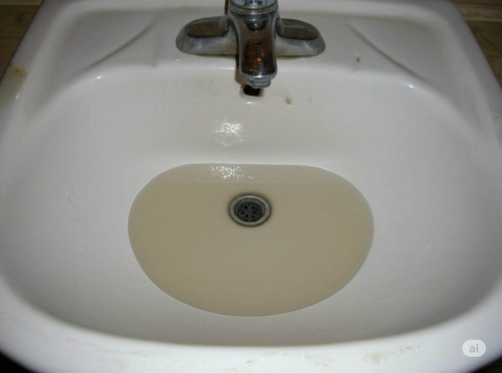 Dirty water in a bathroom sink.
