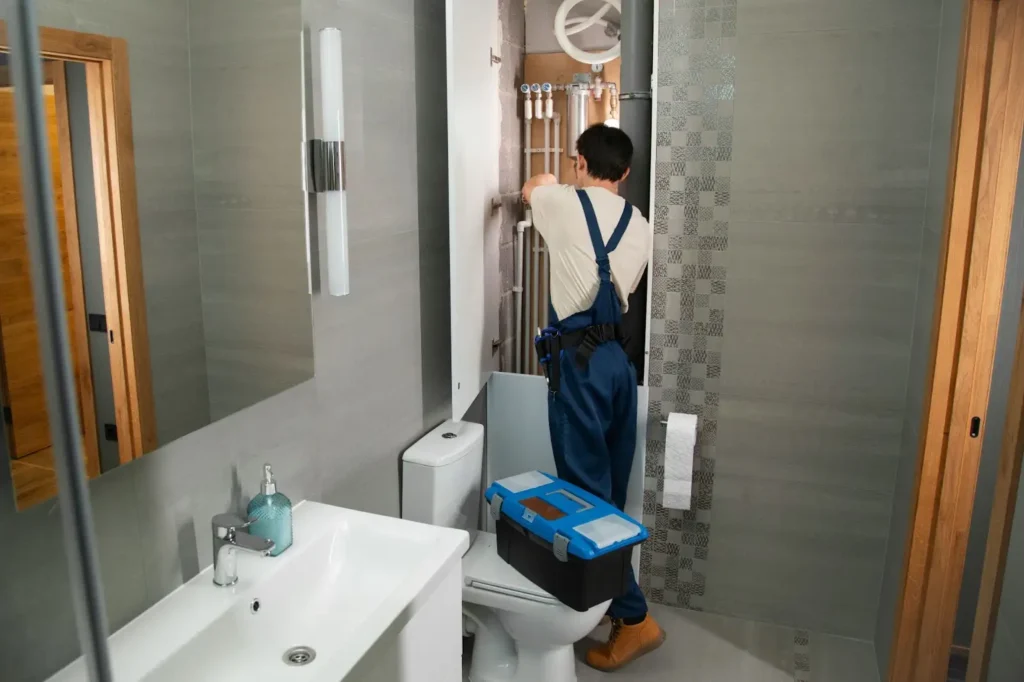 Plumber working in modern bathroom