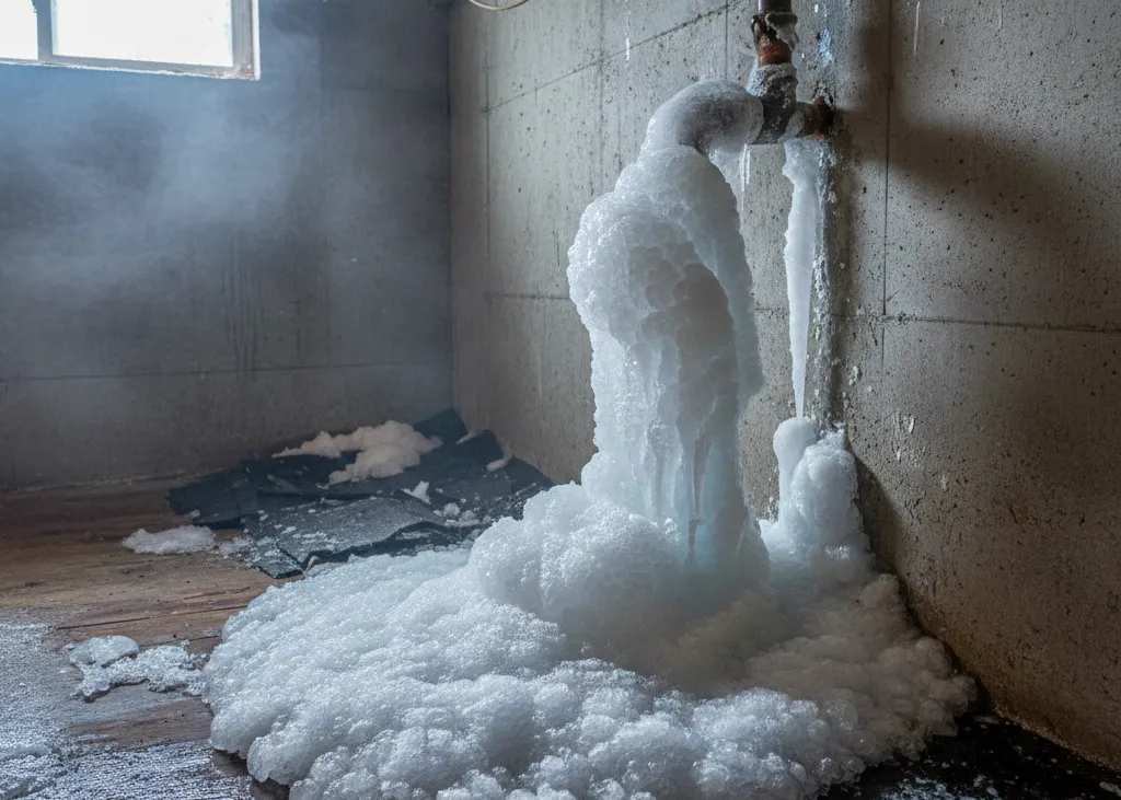 Frozen pipe inside a Spokane basement with heavy ice buildup