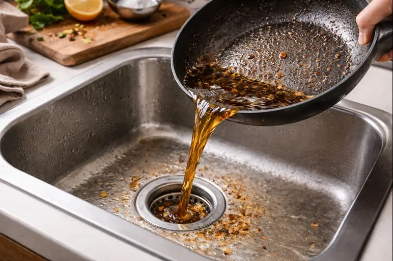 Grease being poured into kitchen sink