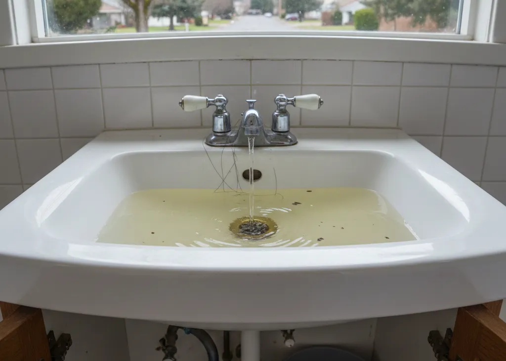 Clogged sink with dirty standing water