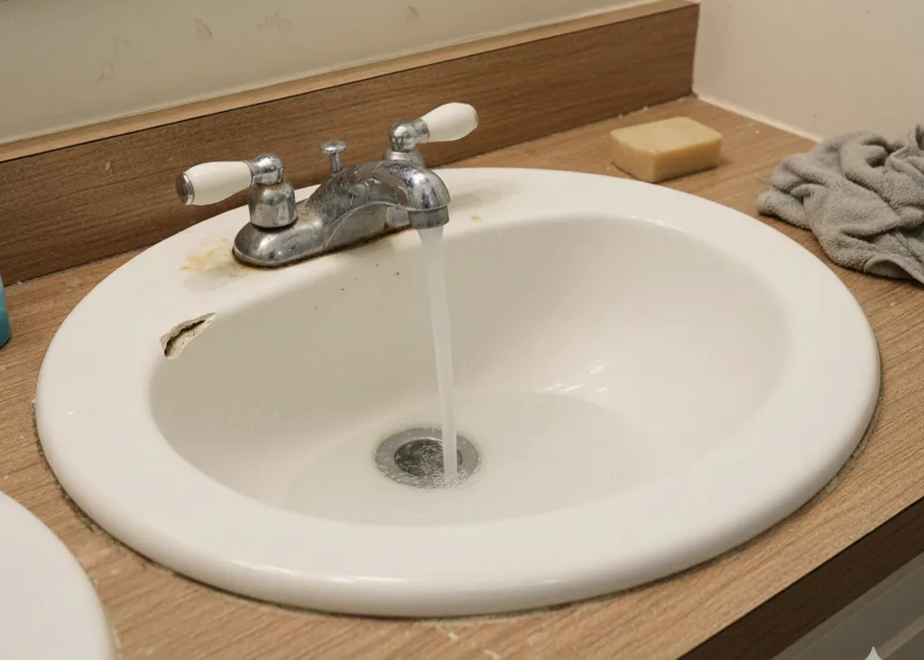 Sink with running water and stains